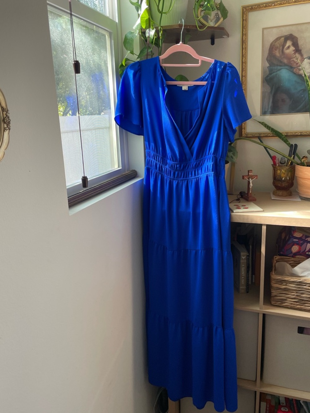 Cobalt Blue Midi Dress Flowy Short Sleeve Empire Waist Size Large
